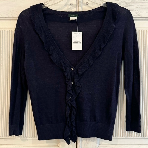J. Crew Sweaters - J CREW Womens Navy Linen V-Neck Sweater With Ruffles and Buttons